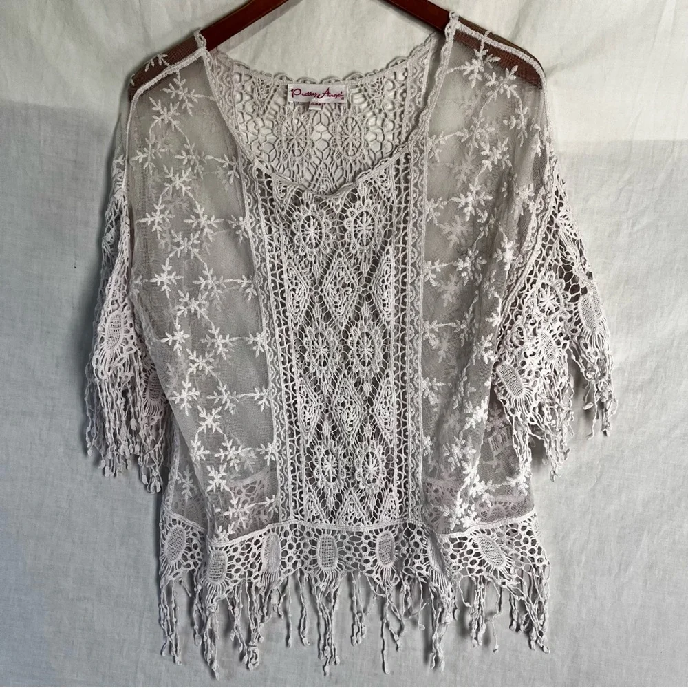 Pretty Angel Women S M Shirt Lace Sheer Mesh Fringe Pinkish White Fairy Coquette